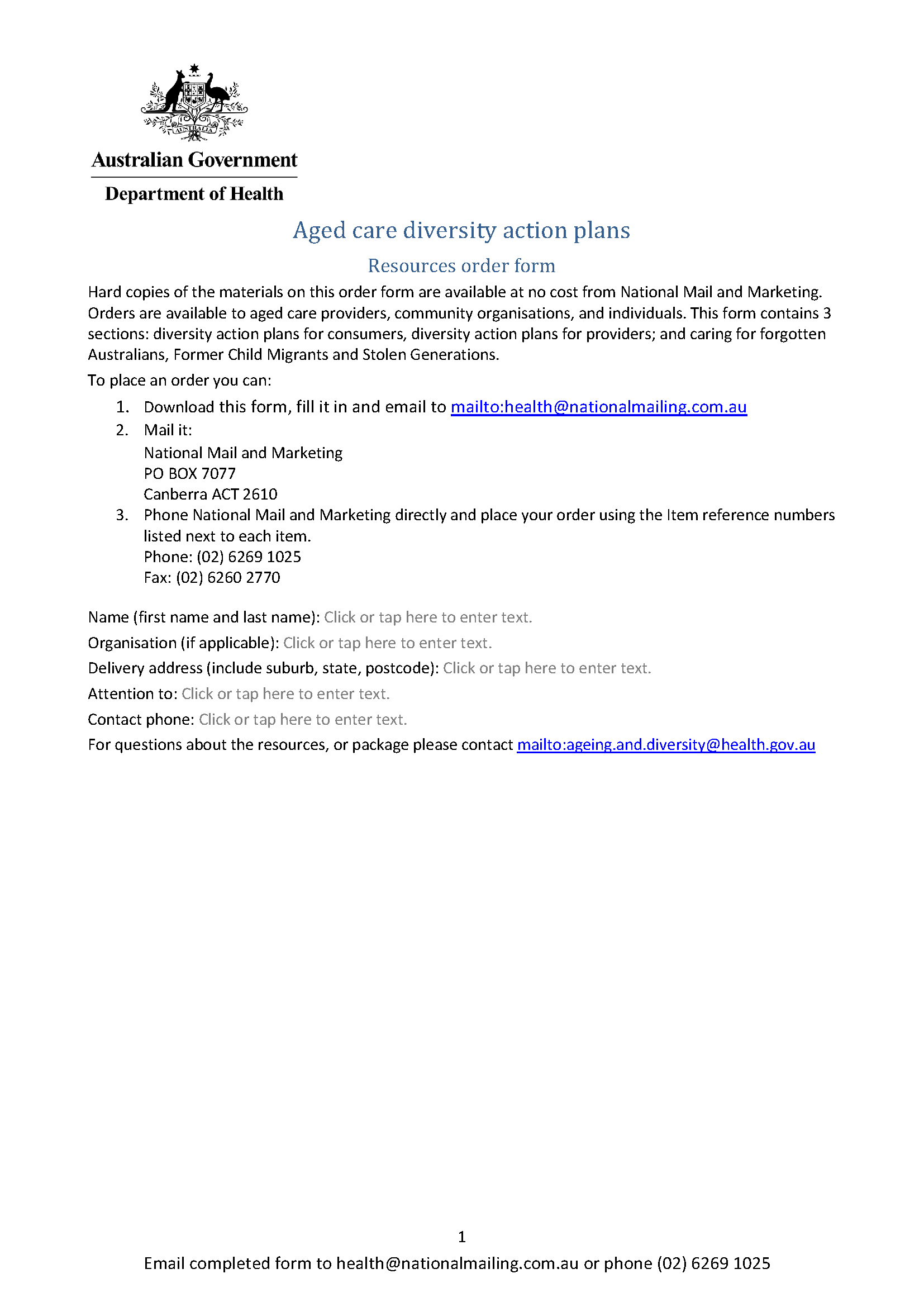 Aged care diversity action plans: resources order form
