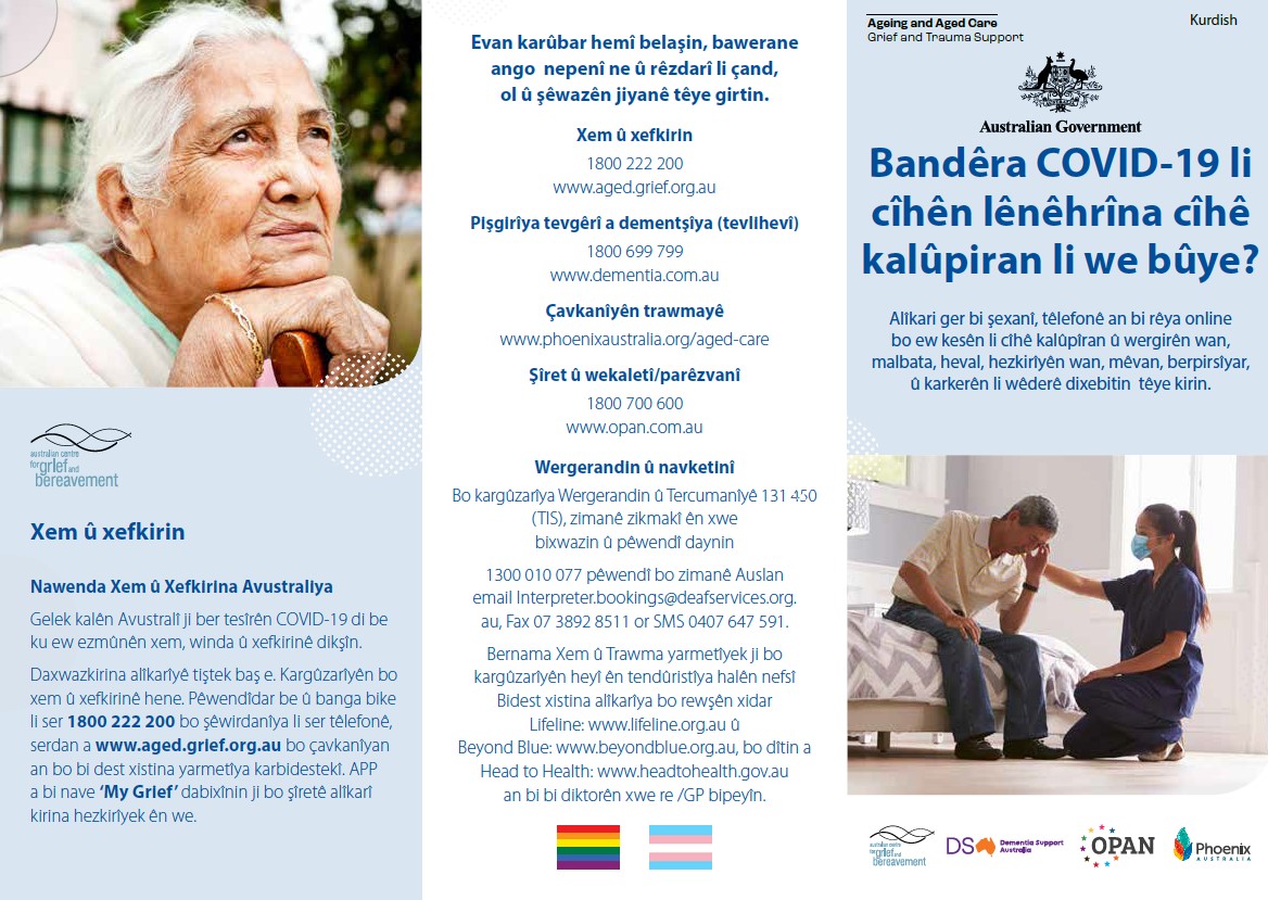 Coronavirus (COVID-19) – Bandêra COVID-19 li cîhên lênêhrîna cîhê kalûpiran li we bûye? (Grief and Trauma Support Services – Brochure)