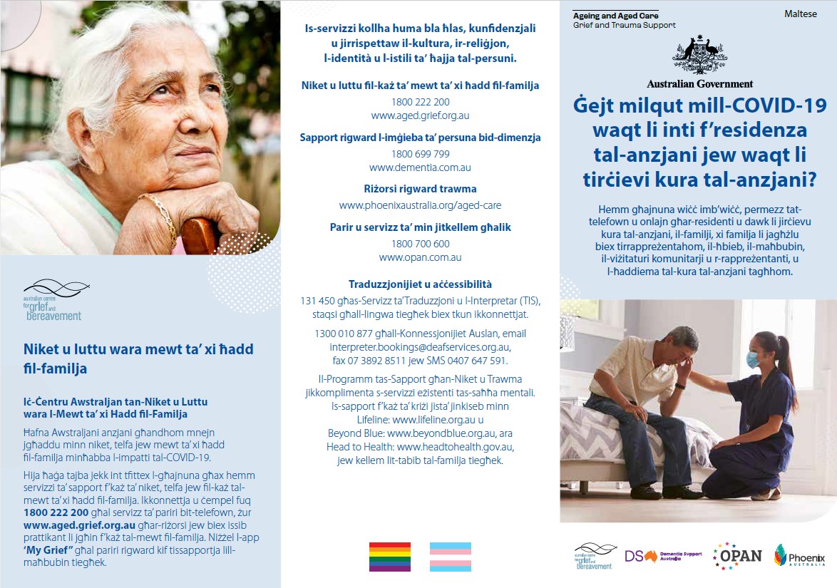Coronavirus (COVID-19) – Ġejt milqut mill-COVID-19 waqt li inti f’residenza tal-anzjani jew waqt li tirċievi kura tal-anzjani? (Grief and Trauma Support Services – Brochure)