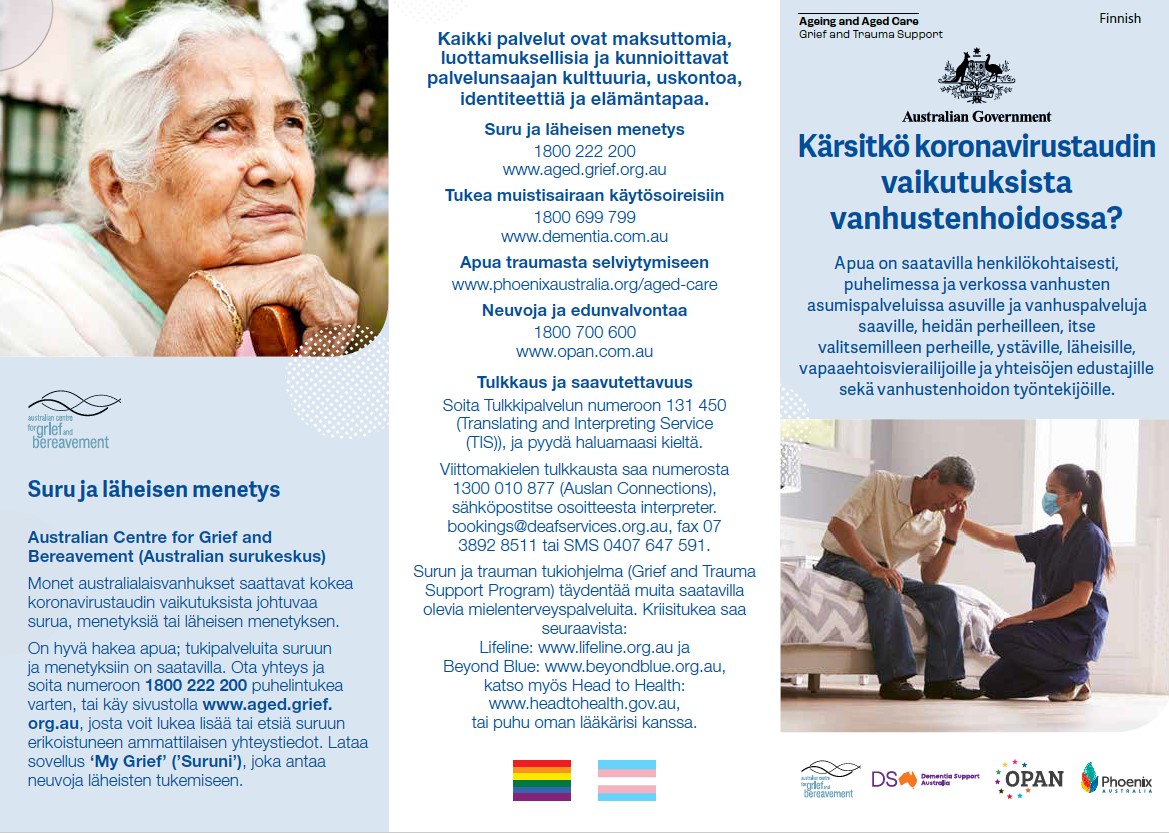 Coronavirus (COVID-19) – Kärsitkö koronavirustaudin vaikutuksista vanhustenhoidossa? (Grief and Trauma Support Services – Brochure)