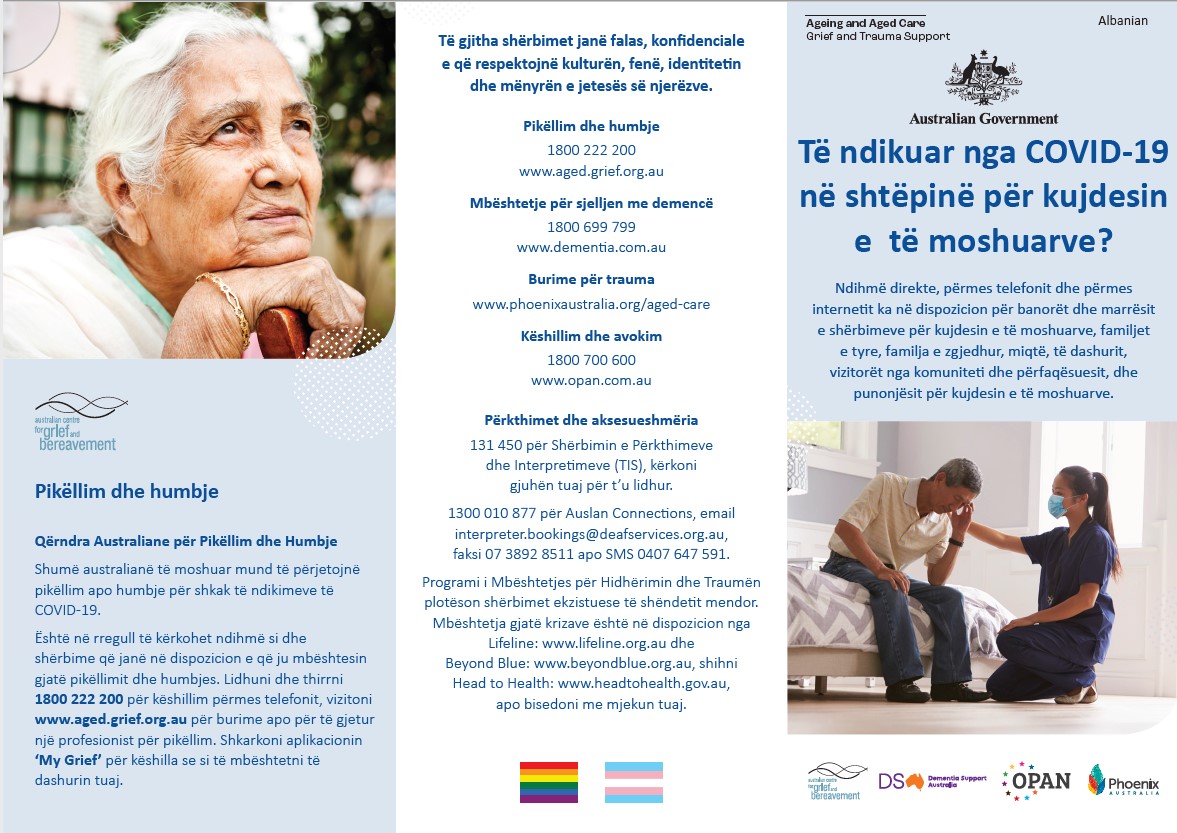 Coronavirus (COVID-19) – Të ndikuar nga COVID-19 në shtëpinë për kujdesin e të moshuarve? (Grief and Trauma Support Services – Brochure)