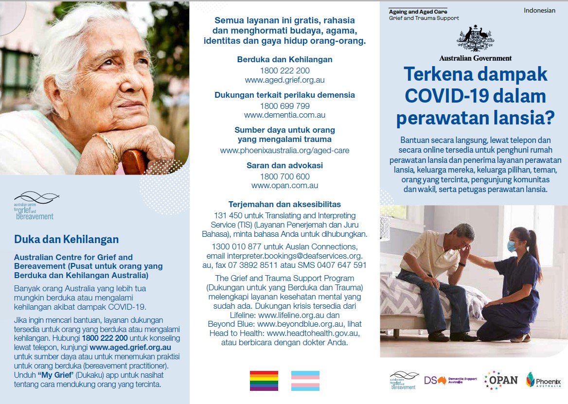 Coronavirus (COVID-19) – Terkena dampak COVID-19 dalam perawatan lansia? (Grief and Trauma Support Services – Brochure)