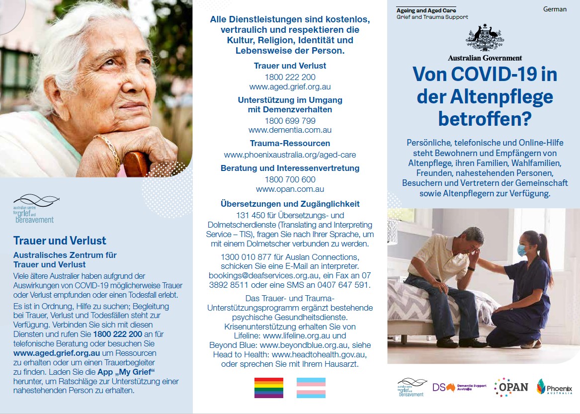 Coronavirus (COVID-19) – Von COVID-19 in der Altenpflege betroffen? (Grief and Trauma Support Services – Brochure)