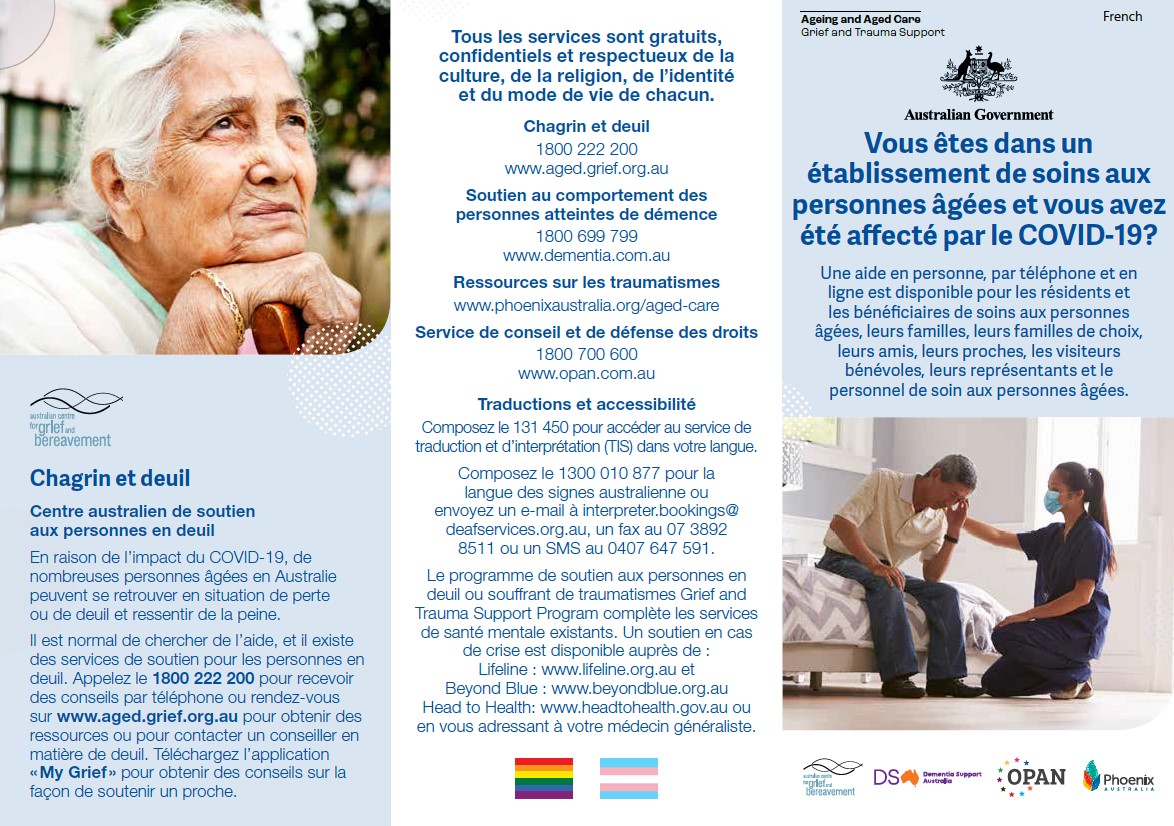 Coronavirus (COVID-19) – Vous êtes dans un établissement de soins aux personnes âgées et vous avez été affecté par le COVID-19? (Grief and Trauma Support Services – Brochure)
