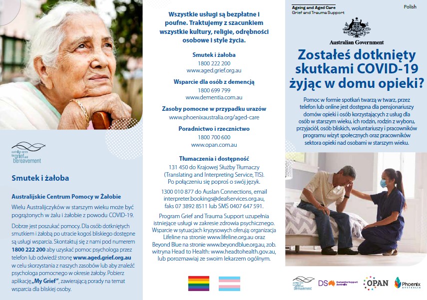 Coronavirus (COVID-19) – Zostałeś dotknięty skutkami COVID-19 żyjąc w domu opieki? (Grief and Trauma Support Services – Brochure)