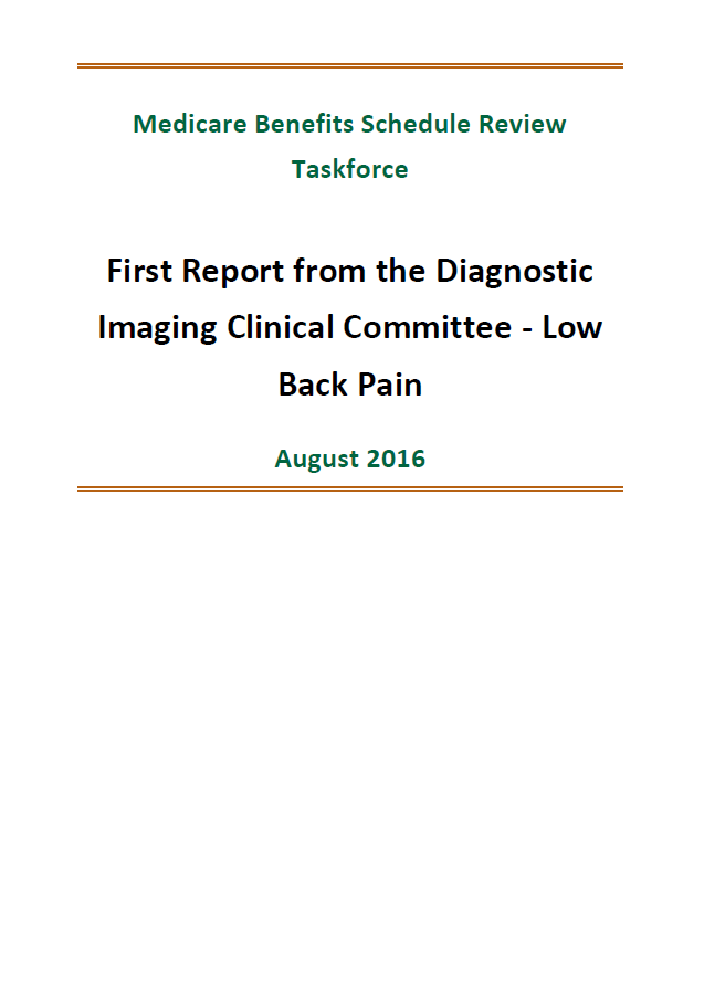 Cover image of final clinical committee report for Diagnostic Imaging – Low Back Pain