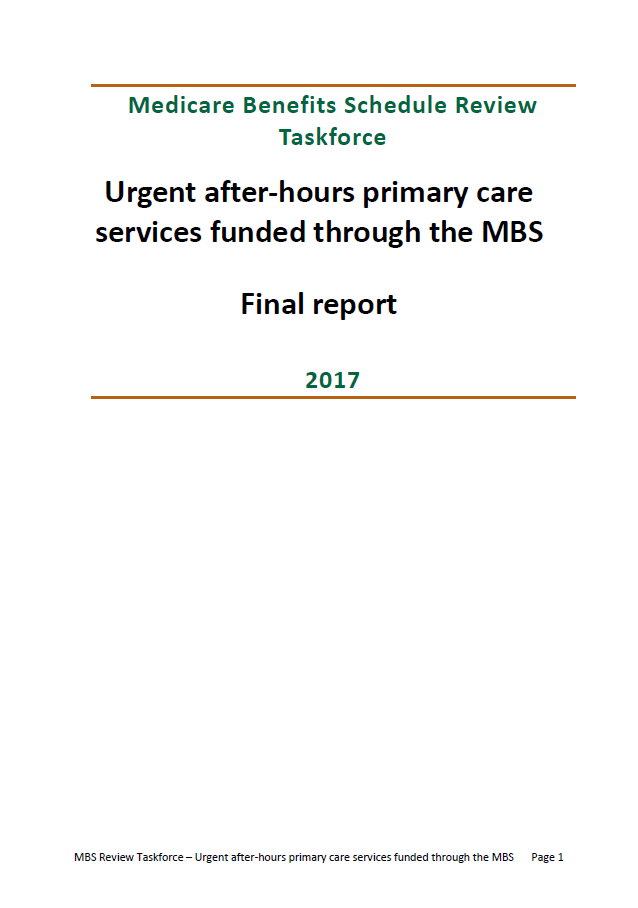 Cover image of final clinical committee report for Urgent After-hours Primary Care