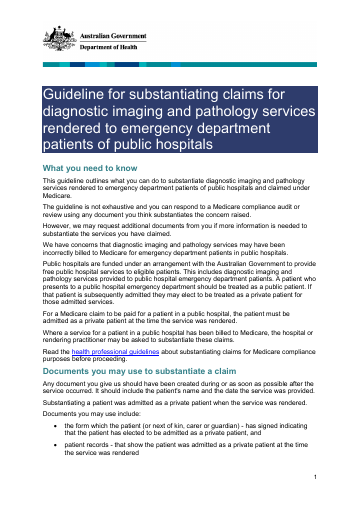 Cover of guideline for substantiating claims for DI and pathology services 