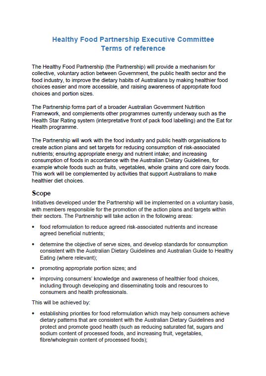 Cover image for Healthy Food Partnership Executive Committee terms of reference