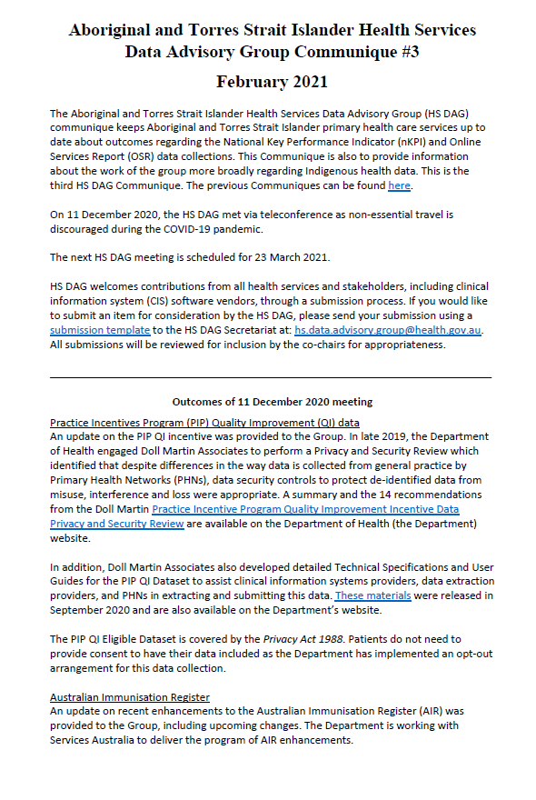 February 2021 – HS DAG communique