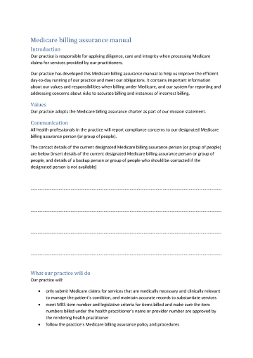Cover of Medicare billing assurance manual template