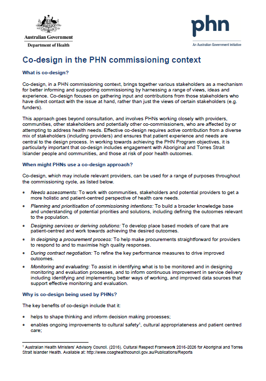 Cover image for Primary Health Networks (PHNs) – commissioning information sheet – co-design