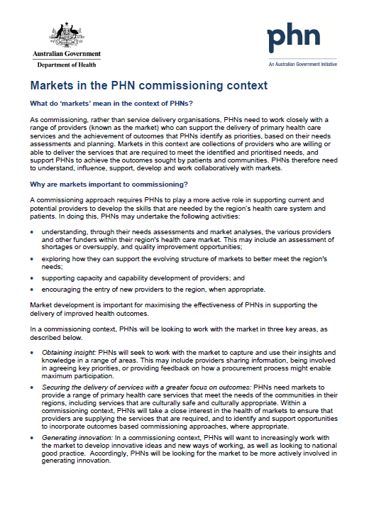Cover image for Primary Health Networks (PHNs) – commissioning information sheet – markets