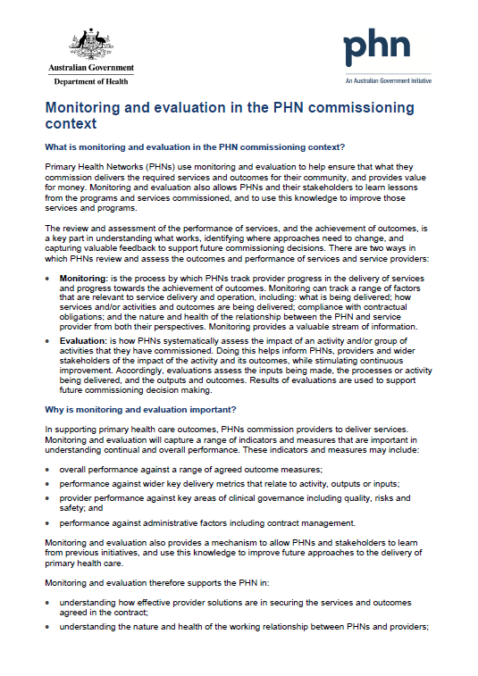 Cover image for Primary Health Networks (PHNs) – commissioning information sheet – monitoring and evaluation