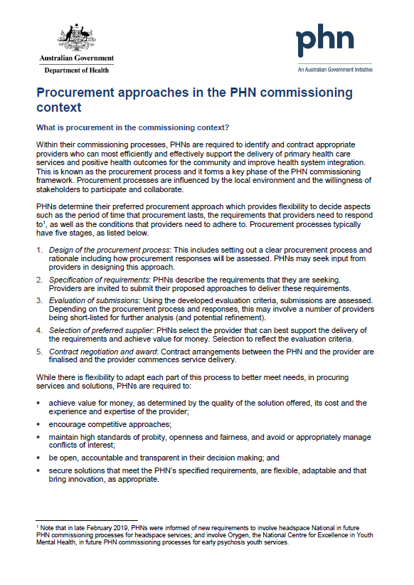 Cover image for Primary Health Networks (PHNs) – commissioning information sheet – procurement approaches