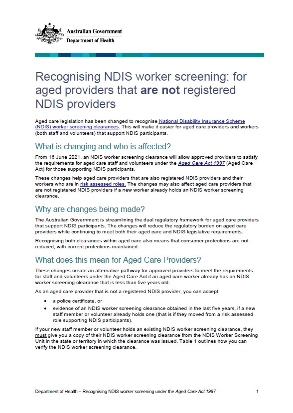 Recognising NDIS worker screening – for aged care providers that are not registered NDIS providers