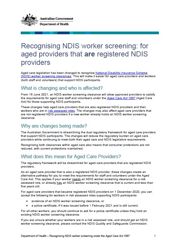 Recognising NDIS worker screening – for aged care providers that are registered NDIS providers