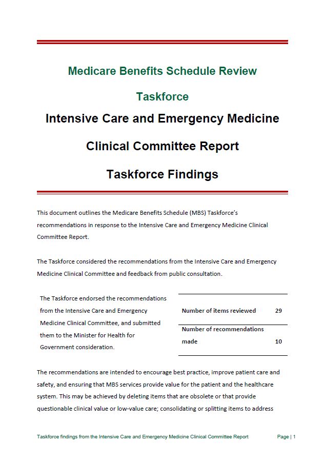 Cover image for MBS Review Intensive Care and Emergency Medicine Clinical Committee Report