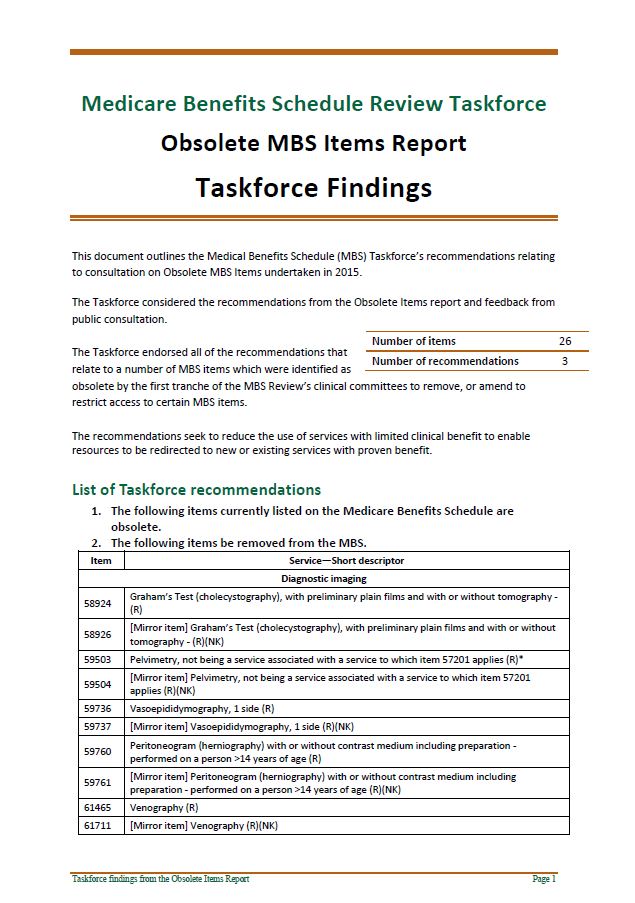 Cover image of Taskforce findings – Obsolete MBS items report