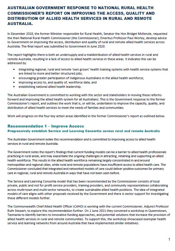 Government Response to the former National Rural Health Commissioner’s Report on Rural Allied Health Services