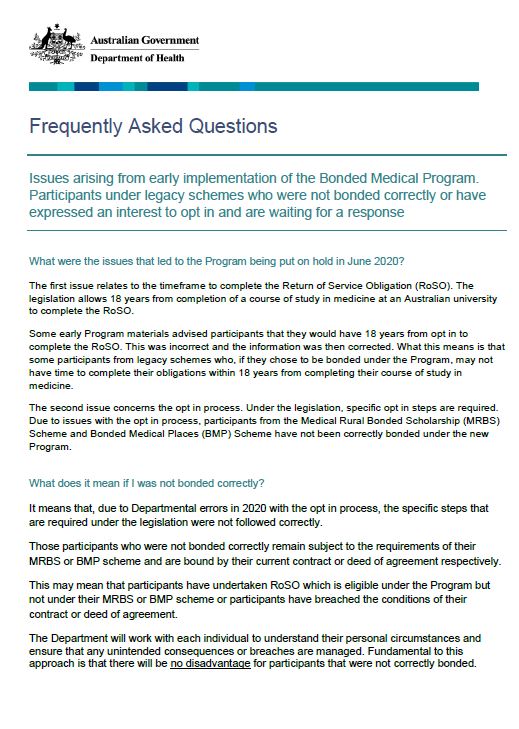 Bonded Medical Program Frequently Asked Questions – July 2021