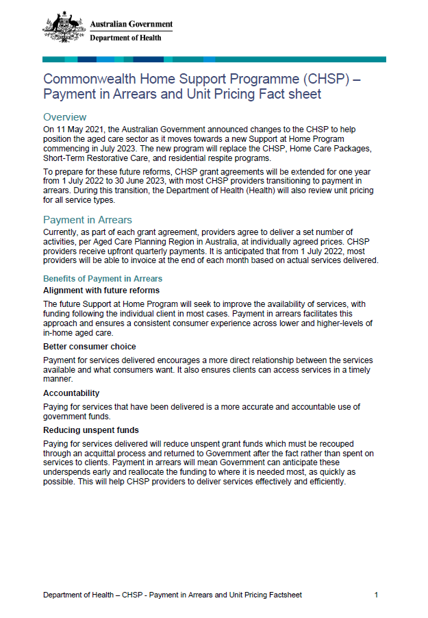 Commonwealth Home Support Programme - Payment in Arrears and Unit Pricing Factsheet 