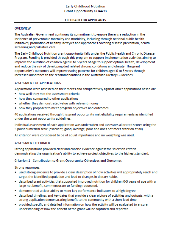 General feedback for applicants Early Childhood Nutrition Grant