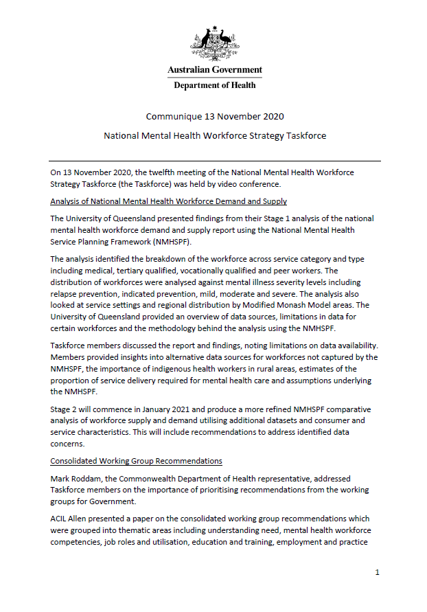 NMHWS taskforce meeting communique – 13 November 2020