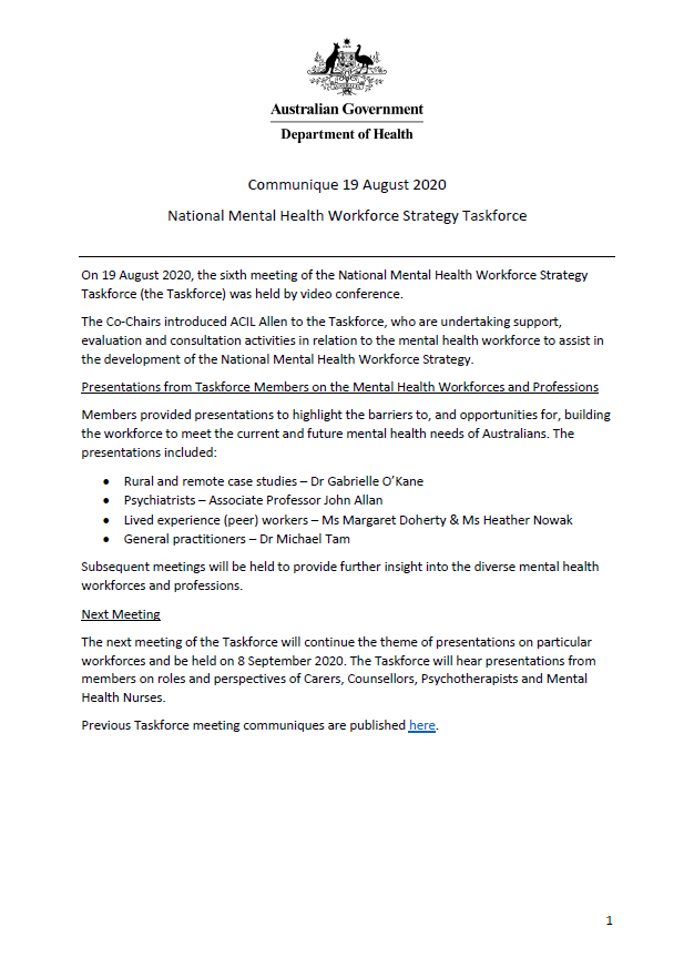 NMHWS taskforce meeting communique – 19 August 2020