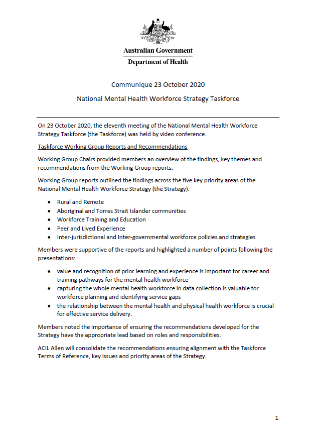 NMHWS taskforce meeting communique – 23 October 2020