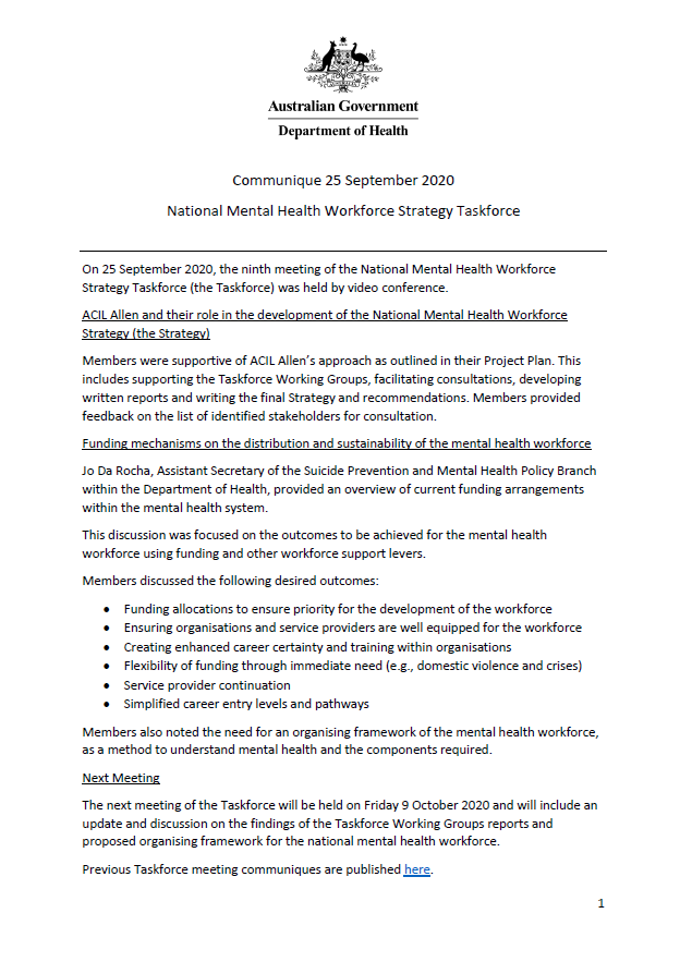 NMHWS taskforce meeting communique – 25 September 2020