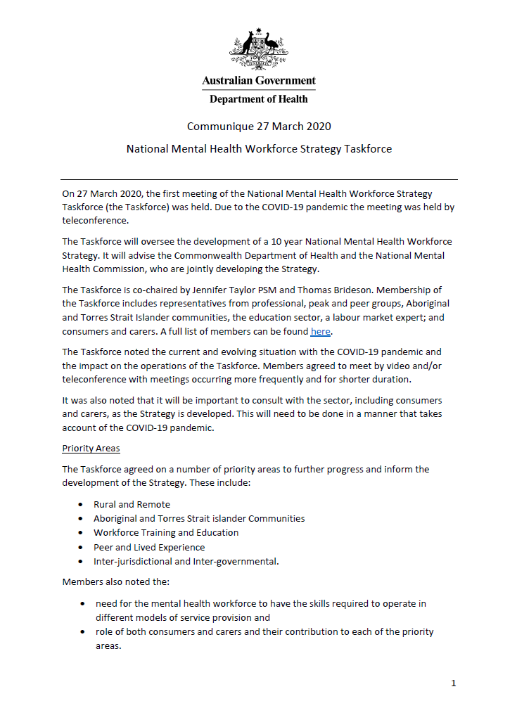 NMHWS taskforce meeting communique – 27 March 2020