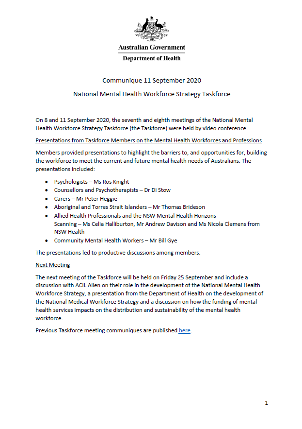NMHWS taskforce meeting communique – 8 and 11 September 2020