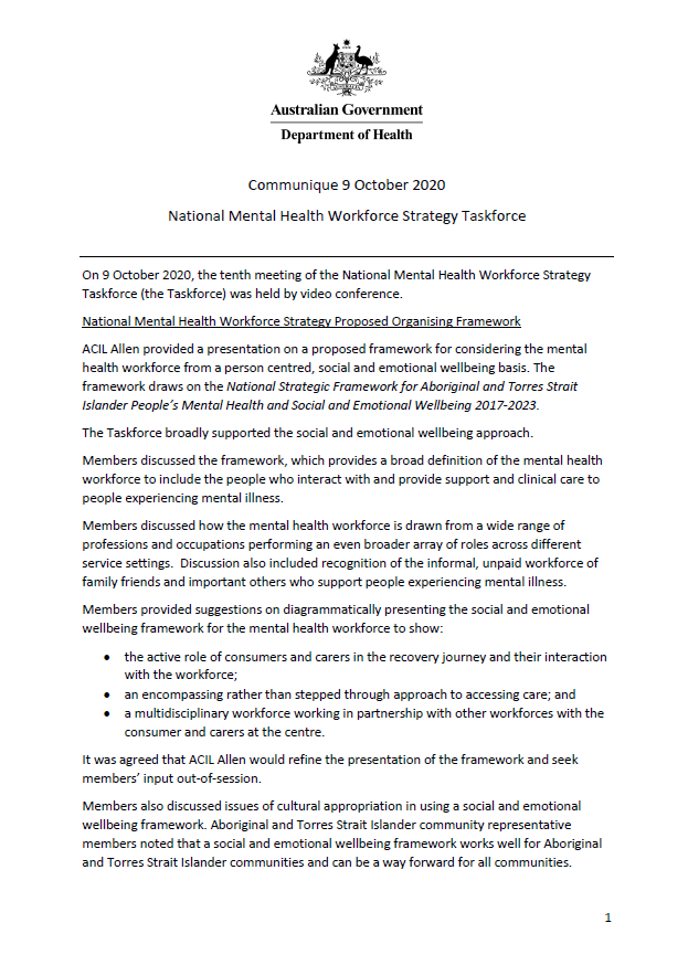 NMHWS taskforce meeting communique – 9 October 2020