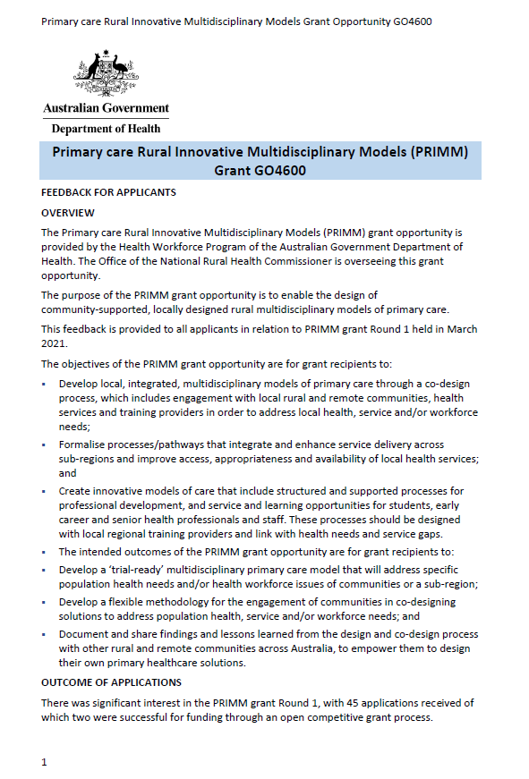 Primary care Rural Innovative Multidisciplinary Models (PRIMM) Grant GO4600