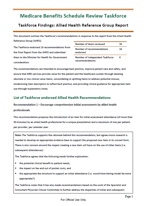 Taskforce findings – Allied Health Reference Group report