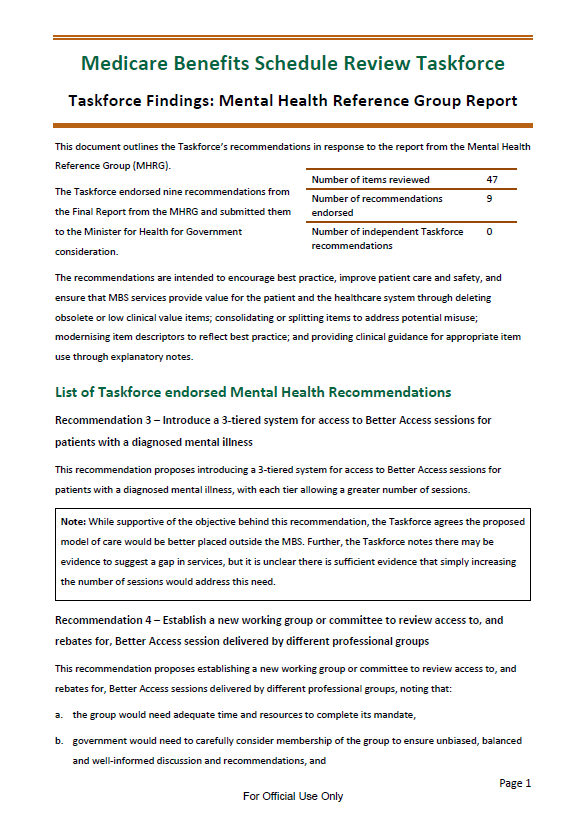 Taskforce findings – Mental Health Reference Group report