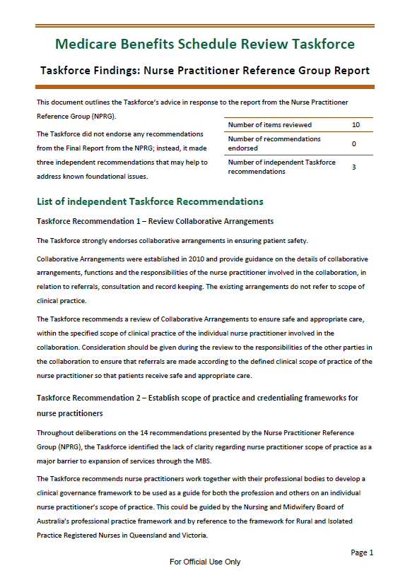 Taskforce findings – Nurse Practitioner Reference Group report