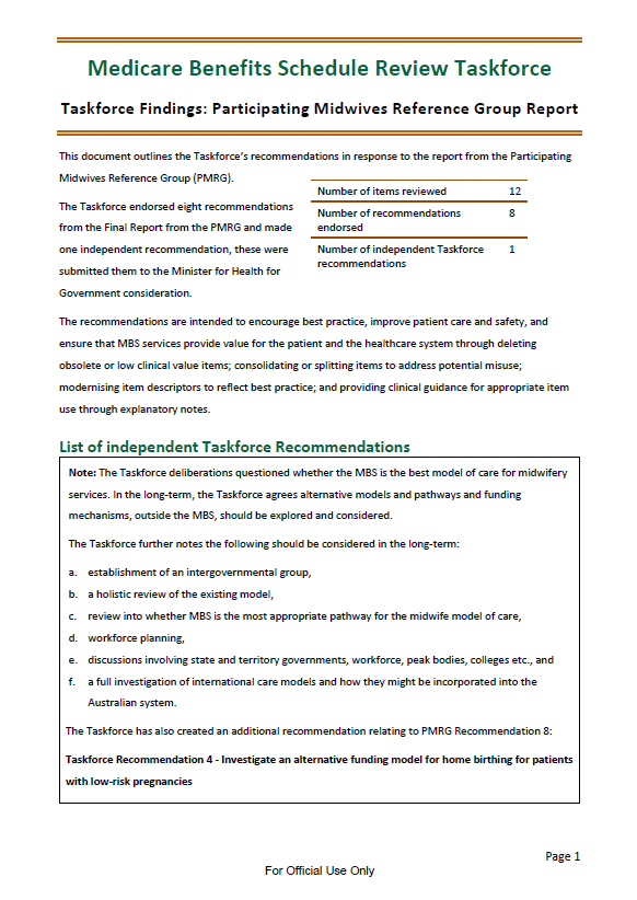 Taskforce findings – Participating Midwives Reference Group report