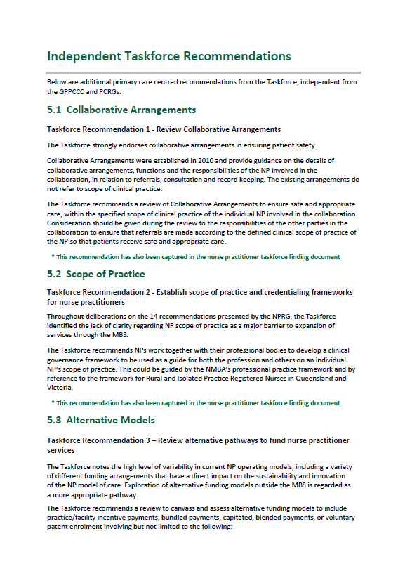 Taskforce recommendations – Primary Care