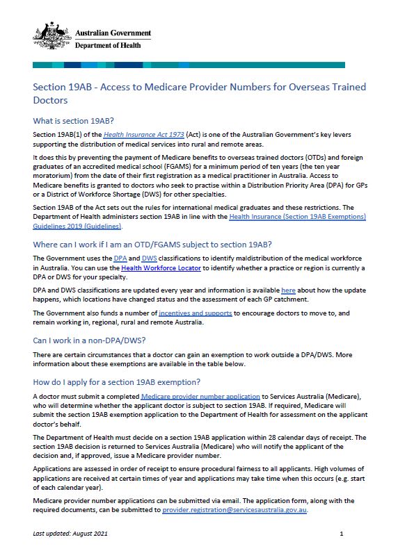 Section 19AB - Access to Medicare Provider Numbers for Overseas Trained Doctors 