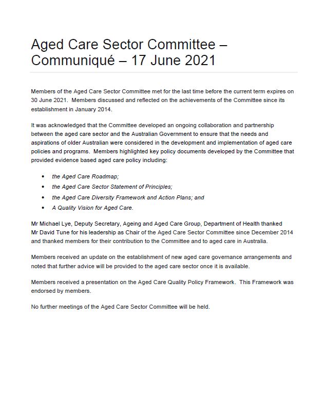 Aged Care Sector Committee 2021 Communiques