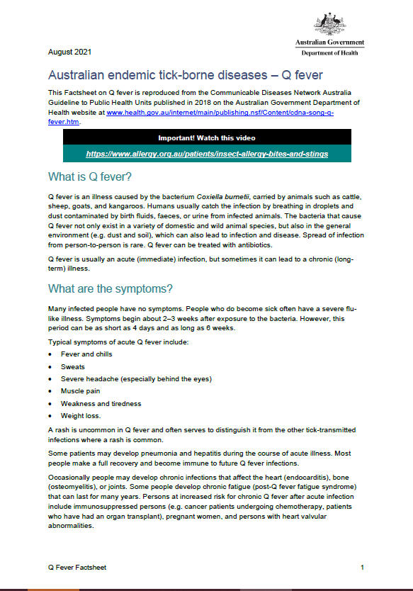 Cover image of the Australian endemic tick-borne diseases – Q fever fact sheet