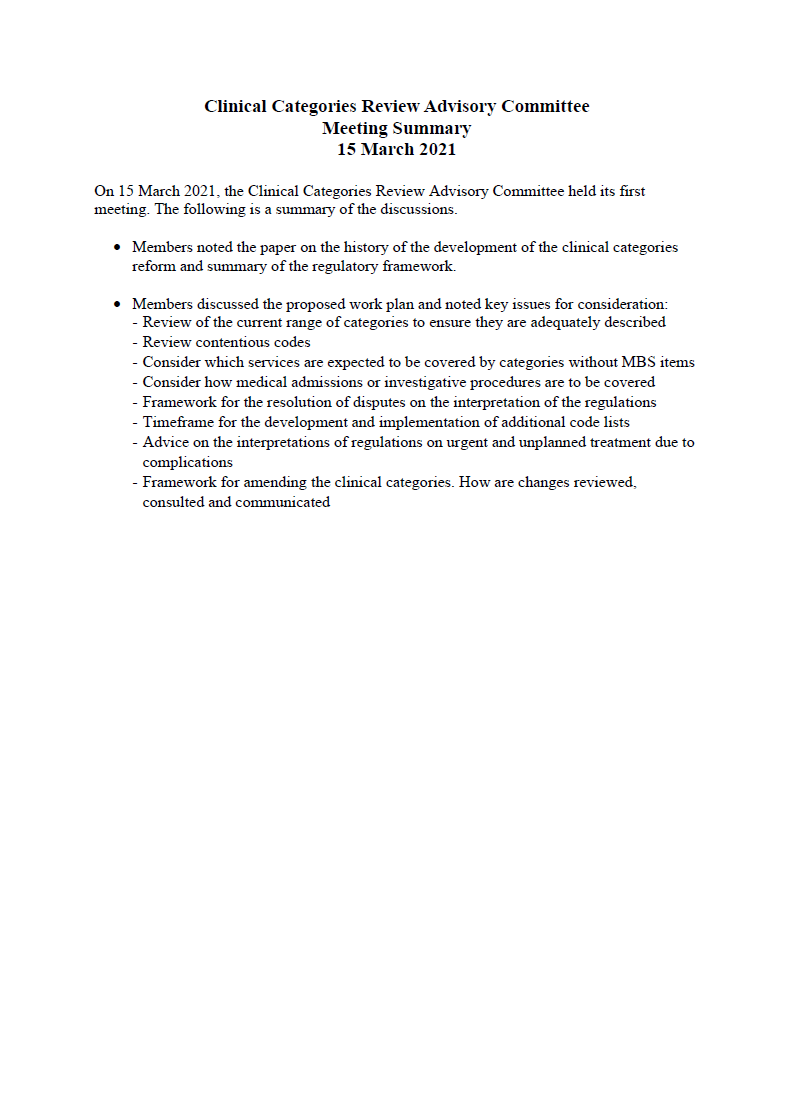 Clinical Categories Review Advisory Committee – meeting summary – 15 March 2021