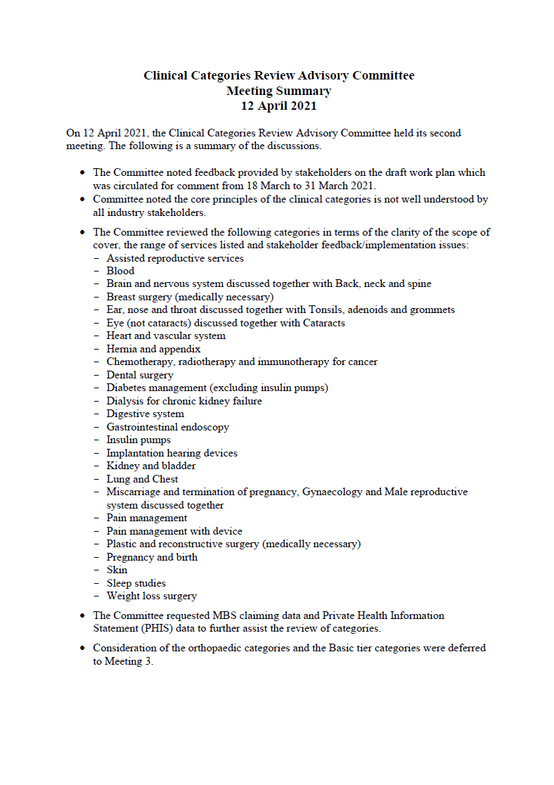 Clinical Categories Review Advisory Committee – meeting summary – 12 April 2021