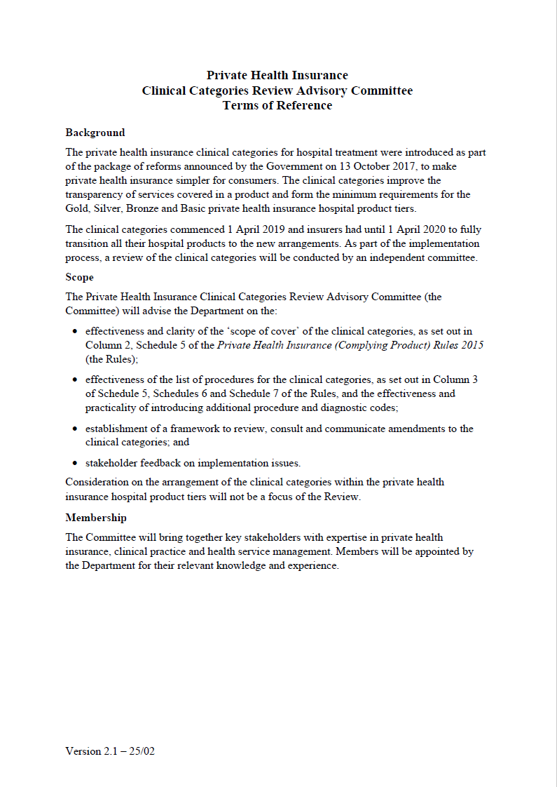 Clinical Categories Review Advisory Committee – terms of reference