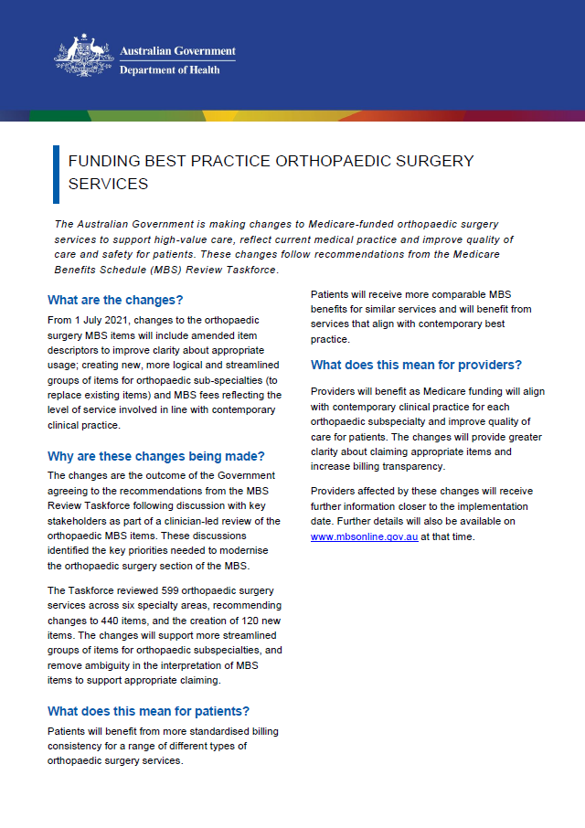 Cover image of the funding best practice orthopaedic surgery services fact sheet