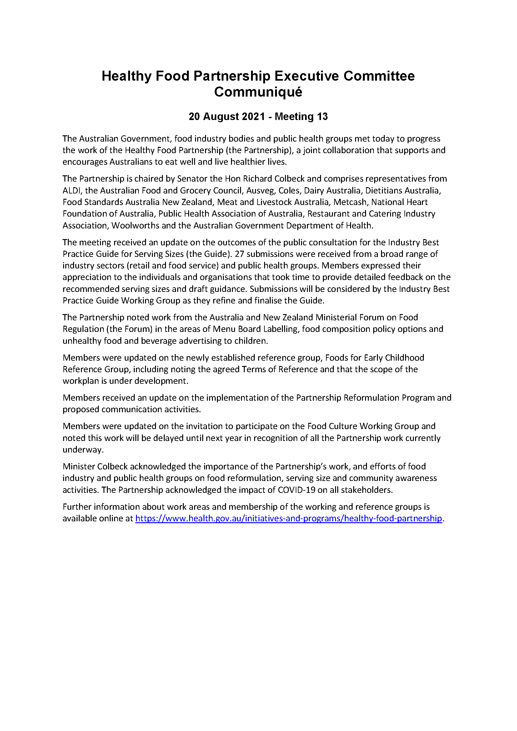 Healthy Food Partnership Program – Executive Committee communique – August 2021