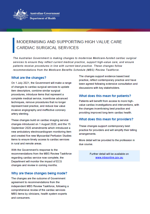 Cover image of the modernising and supporting high value care cardiac surgical services fact sheet