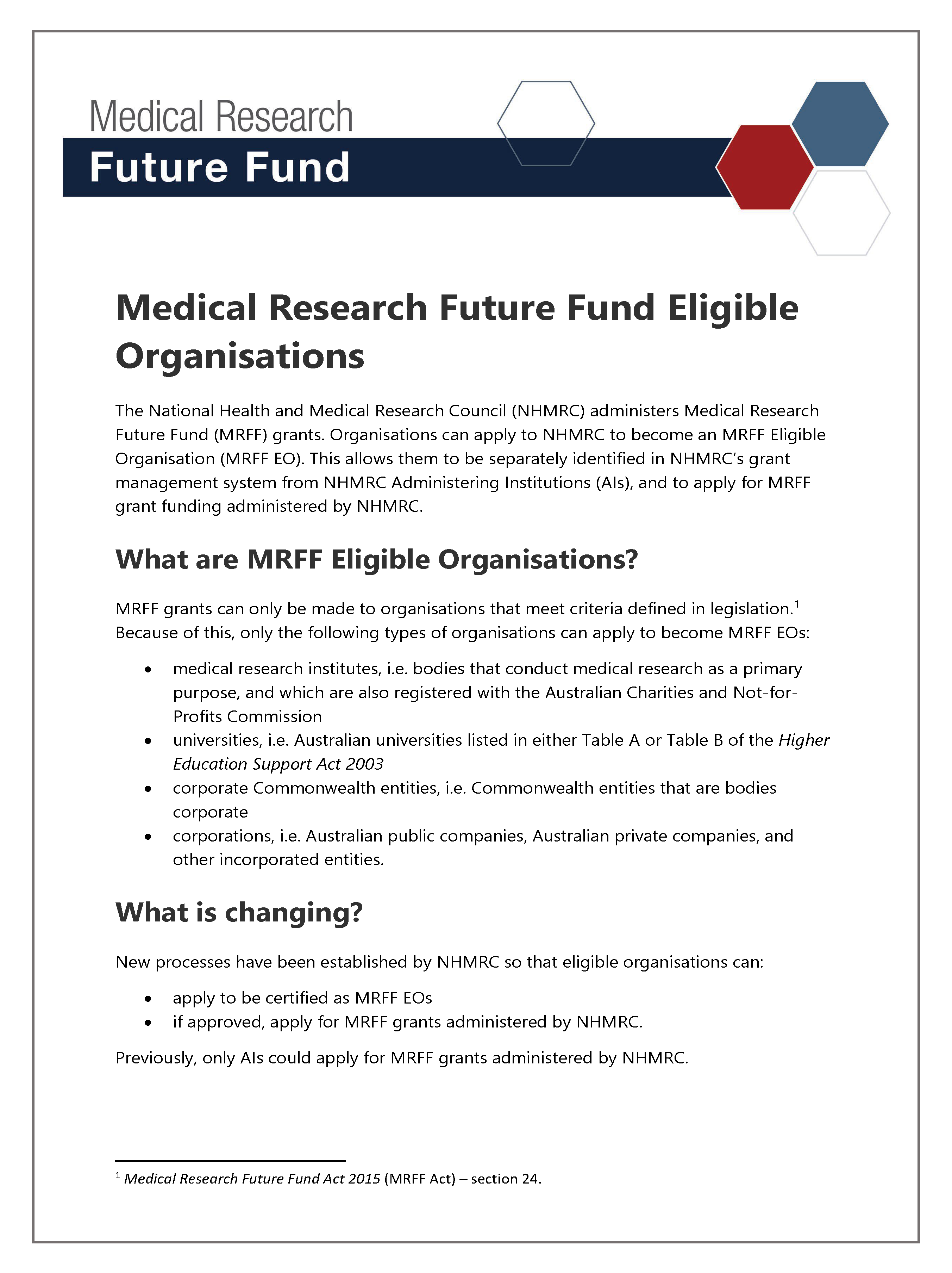Cover from Medical Research Future Fund Eligible Organisations